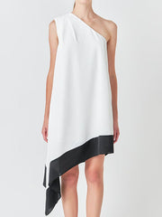 Asymmetric Contrast Color Pockets Split-Joint A-Line Loose One-Shoulder Midi Dresses