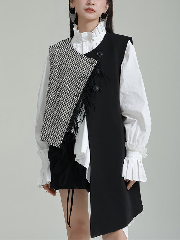 Asymmetric Buttoned Houndstooth Ruffle Sleeves Sleeveless Vest Outerwear