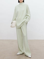 Solid Color Long Sleeves High-Neck Sweater Top + Wide Leg Pants Bottom Two Pieces Set