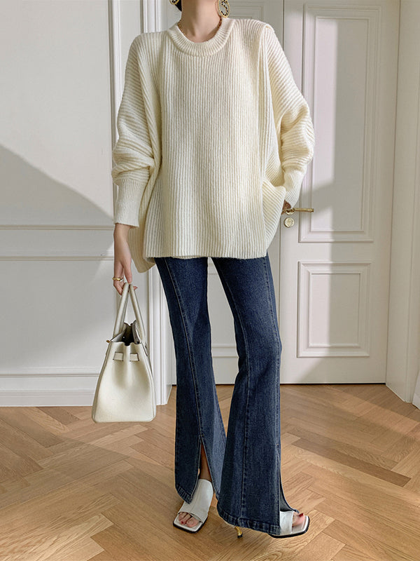 Irregularity Loose Solid Color Batwing Sleeves Round-Neck Sweater Tops