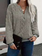 Solid Color Zipper Long Sleeves Loose V-Neck Sweatshirt Tops