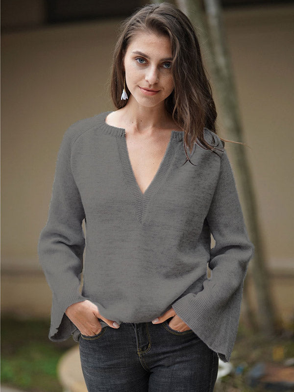 Casual Long Sleeves Loose Solid Color V-Neck Sweater Tops