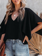 Falbala Solid Color Flared Sleeves V-Neck T-Shirts Tops