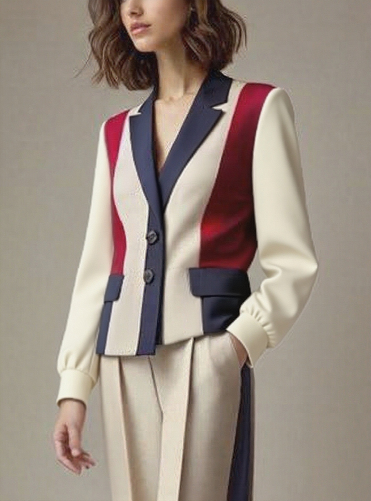 Buttoned Contrast Color Pleated Pockets Long Sleeves Notched Collar Outerwear Jackets