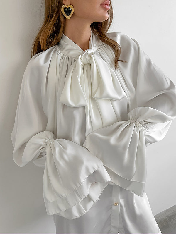 Buttoned Elasticity Pleated Solid Color Tied Zipper A-Line Flared Sleeves Stand Collar Mini Dresses