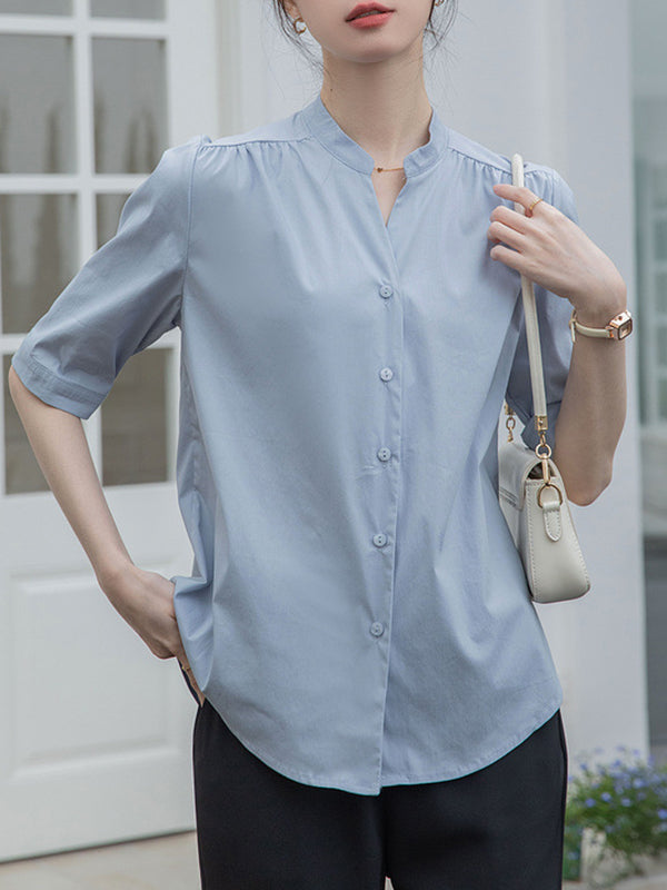 Buttoned Pleated Solid Color Split-Joint Half Sleeves Loose Stand Collar Blouses&Shirts Tops