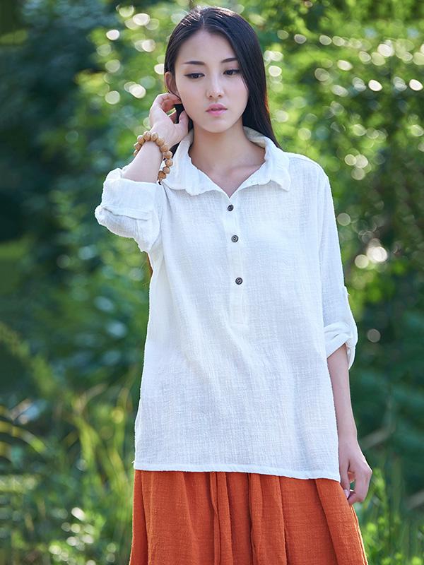 White&Gray&Beige Lapel Ramie Cotton T-shirt
