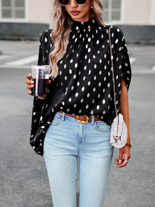 Bandage Polka Dot Loose Round-Neck Blouses&Shirts Tops