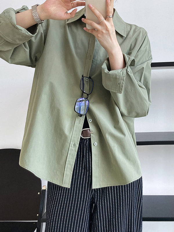 Simple Loose Long Sleeves Buttoned Solid Color Lapel Collar Blouses&Shirts Tops