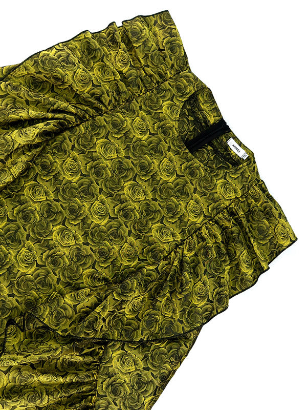 Flower Print Ruffled Zipper High Waisted Loose Round-Neck Mini Dresses