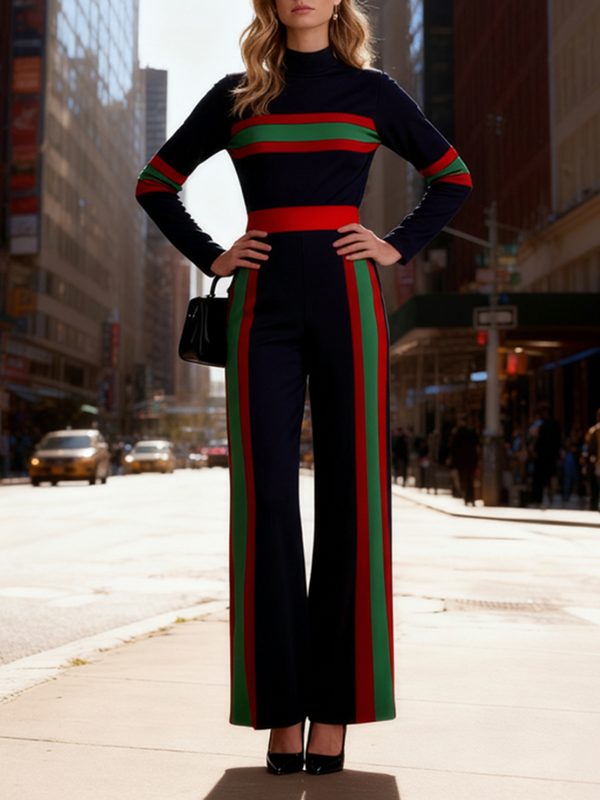 Elasticated Waist Long Sleeves Contrast Color Pockets Striped Half Turtleneck Jumpsuits