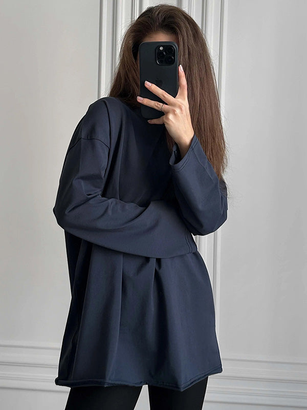 Solid Color Long Sleeves Loose Round-Neck T-Shirts Tops