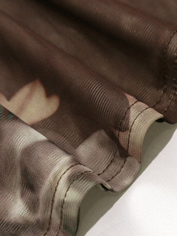 Floral Printed See-Through Split-Joint Long Sleeves Plus Size High Neck T-Shirts