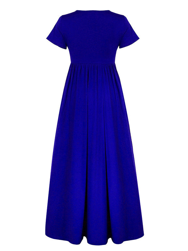 Pleated Pockets Solid Color Split-Joint High Waisted Short Sleeves Round-Neck Maxi Dresses