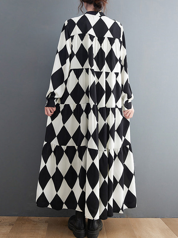 Buttoned Plaid A-Line Long Sleeves Polo Midi Dresses