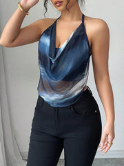 Backless Contrast Color Gradient Loose Sleeveless Halter-Neck Vest Top