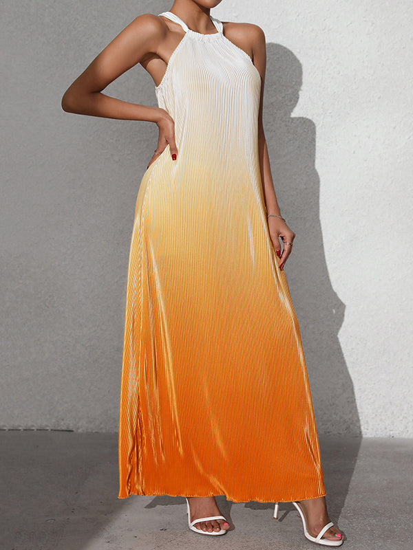 Gradient Pleated A-Line Loose Halter-Neck Maxi Dresses