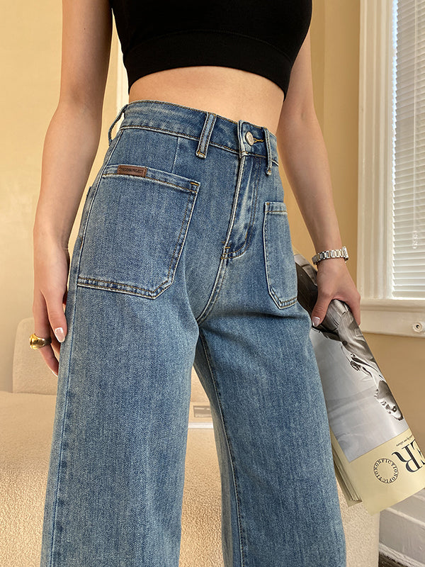 Casual High Waisted Wide Leg Solid Color Jean Pants Bottoms