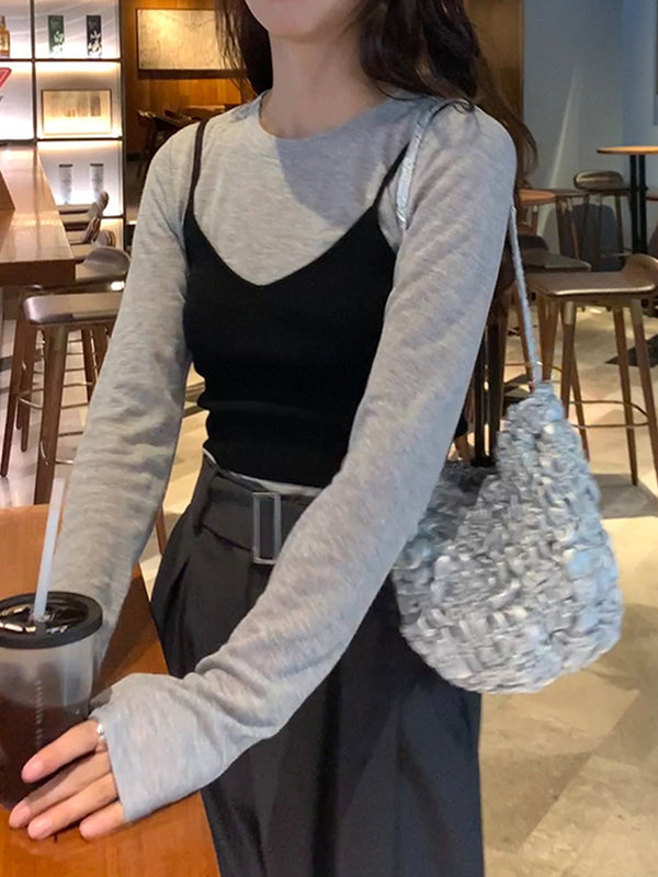 See-Through Solid Color Long Sleeves Skinny Round-Neck T-Shirts