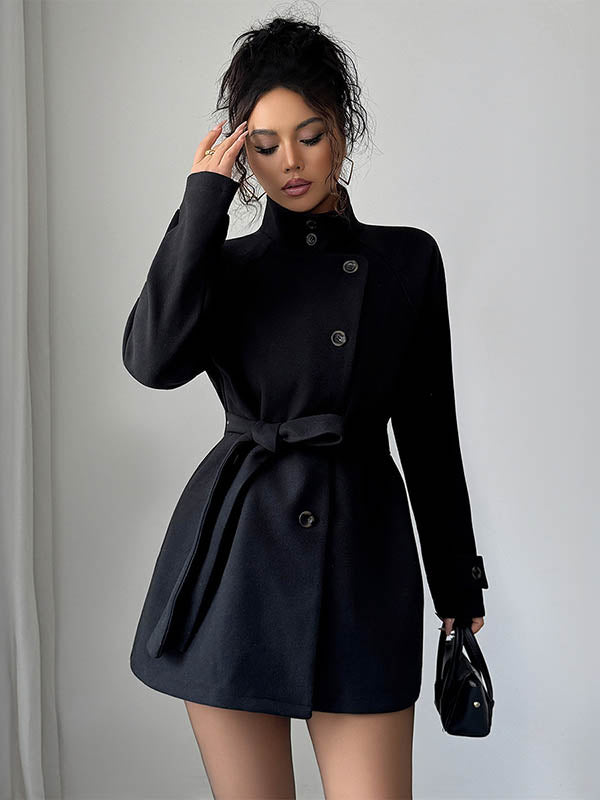 Elasticated Waist High Waisted Asymmetric Buttoned Solid Color Tied Waist Stand Collar Outerwear