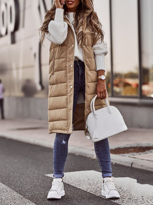 Buttoned Drawstring Keep Warm Solid Color Split-Joint Zipper Hooded Sleeveless Vest Outerwear Padded Coat