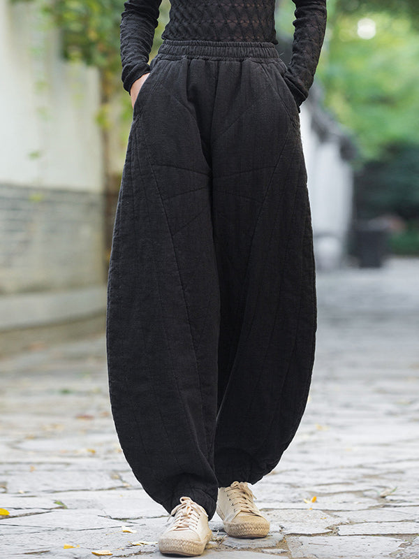 Casual Loose Keep Warm Quilted Solid Color Padded Bloomers Pants