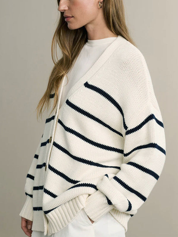 Split-Joint Striped Long Sleeves Loose V-neck Cardigan Tops