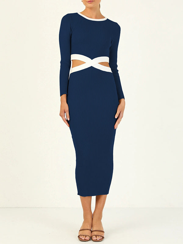 Hollow High Waisted Long Sleeves Round-Neck Midi Dresses