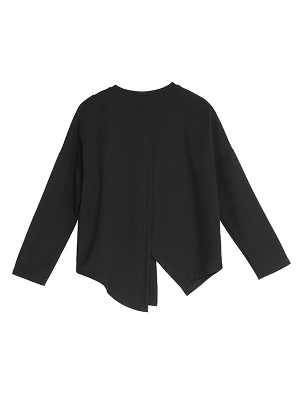 Loose Long Sleeves Split-Front Round-Neck T-Shirts Tops