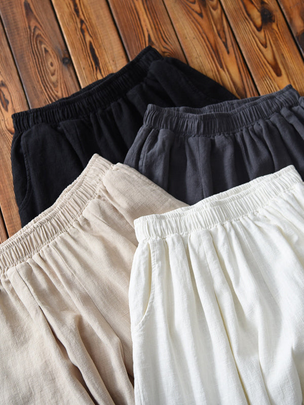 Simple Casual Loose Solid Color Ramie Cotton Pants