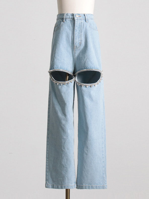 Hollow Rhine Stones High Waisted Loose Jean Pants Bottoms
