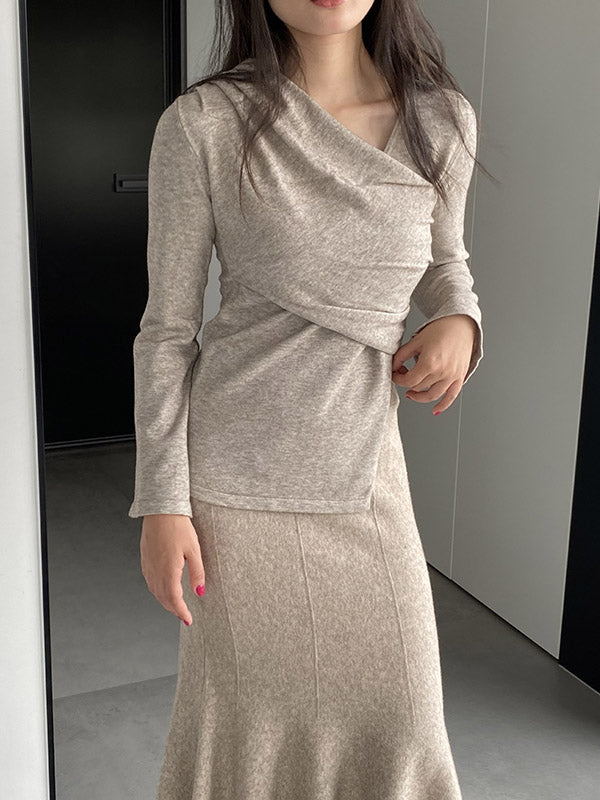 Asymmetric Solid Color Long Sleeves Loose V-Neck T-Shirts Tops