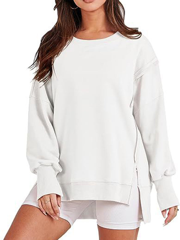 Fringed Solid Color Split-Joint Split-Side High-Low Long Sleeves Round-Neck Sweatershirt