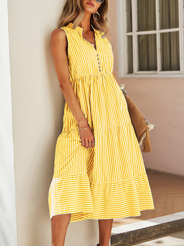Buttoned Split-Joint Striped A-Line High Waisted V-Neck Midi Dresses