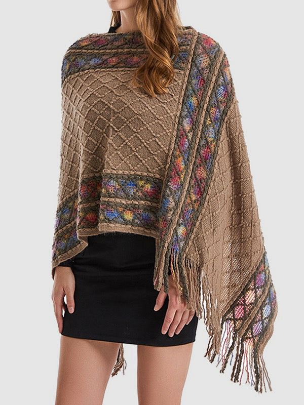 Asymmetric Tasseled Loose V-Neck Shawl&Cloak Cape