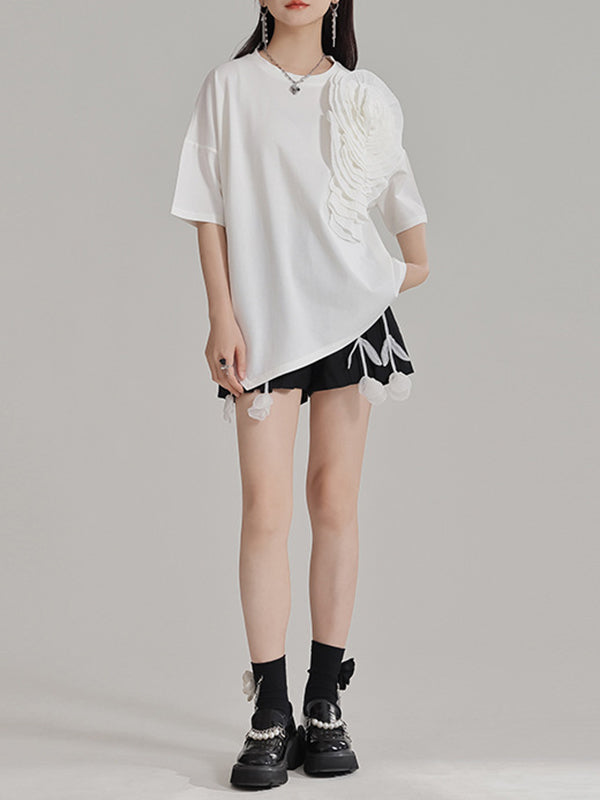 Asymmetric Solid Color Three-Dimensional Flower Loose Short Sleeves Round-Neck T-Shirts Tops