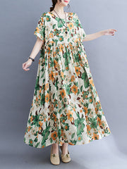 Floral Printed Pleated Split-Joint Loose Short Sleeves Round-Neck Midi Dresses