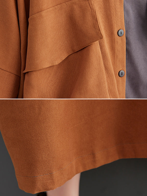 Original Creation Loose Long Sleeves Buttoned Contrast Color Lapel Collar Midi Dresses