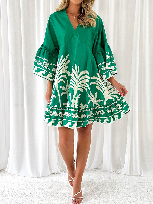 Flower Print Pleated Split-Joint A-Line Flared Sleeves V-Neck Mini Dresses