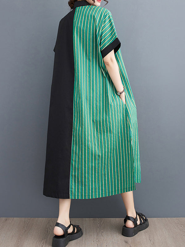 Asymmetric Split-Joint Striped Loose Short Sleeves Lapel Shirt Dress Midi Dresses