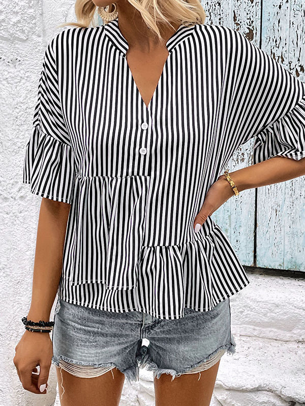 Asymmetric Falbala Pleated Split-Joint Striped Tiered Loose Raglan Sleeve V-Neck Blouses&Shirts Tops