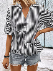 Asymmetric Falbala Pleated Split-Joint Striped Tiered Loose Raglan Sleeve V-Neck Blouses&Shirts Tops