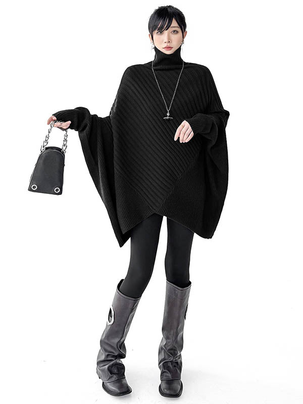 Asymmetric Ribbed Knit Solid Color Split-Joint Batwing Sleeves Irregularity High Neck Sweater Tops