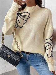 Flower Shape Split-Joint Long Sleeves Loose High Neck Sweater Tops