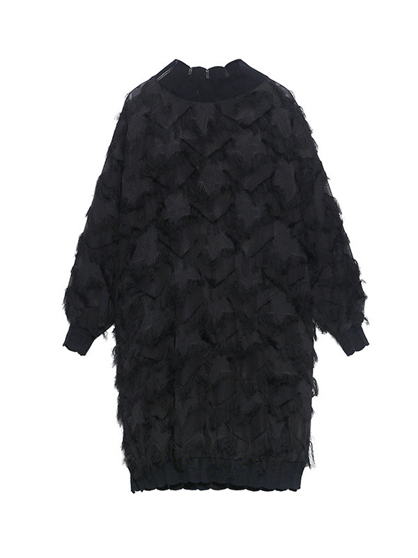Asymmetric Mesh Pockets See-Through Solid Color Split-Joint Tasseled Irregularity Long Sleeves Stand Collar Midi Dresses