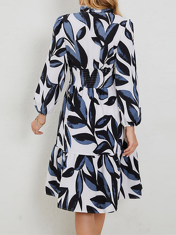 Elasticity Flower Print Ruffled Split-Joint A-Line High Waisted V-Neck Midi Dresses