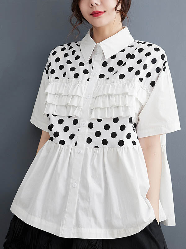 Contrast Color Pleated Polka-Dot Split-Joint Loose Short Sleeves Lapel Blouses