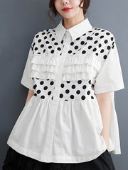 Contrast Color Pleated Polka-Dot Split-Joint Loose Short Sleeves Lapel Blouses