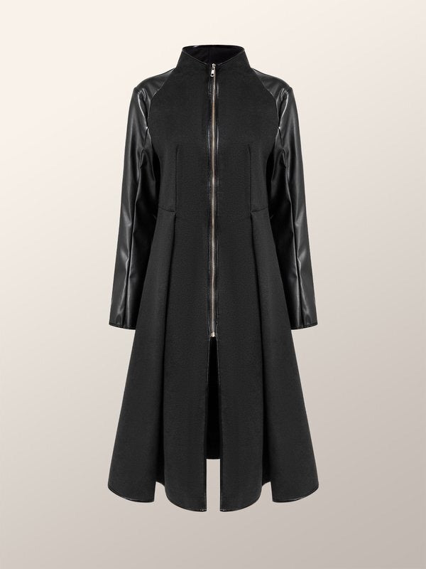 Split-Front Split-Joint Zipper A-Line Long Sleeves Stand Collar Outerwear