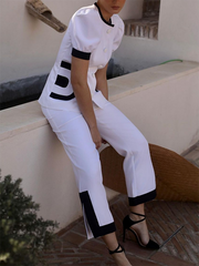 Buttoned Contrast Color Pockets Split-Joint Puff Sleeves Short Sleeves Round-Neck Blouses&Pants Two Pieces Set
